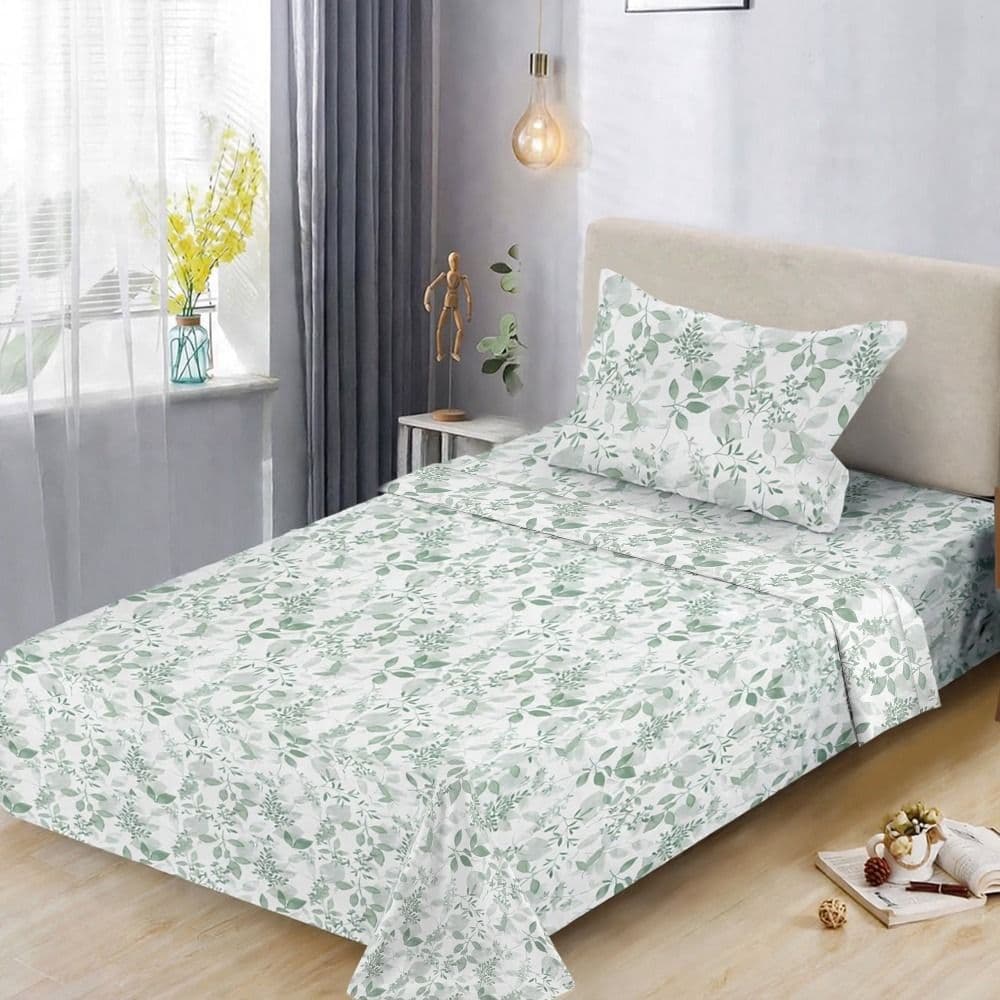 Çarçaf tek set, poliestër, e bardhë (me dizenjo me gjethe jeshile), 160x230 cm; 90x200+.30 cm (me llastik); 50x70 cm