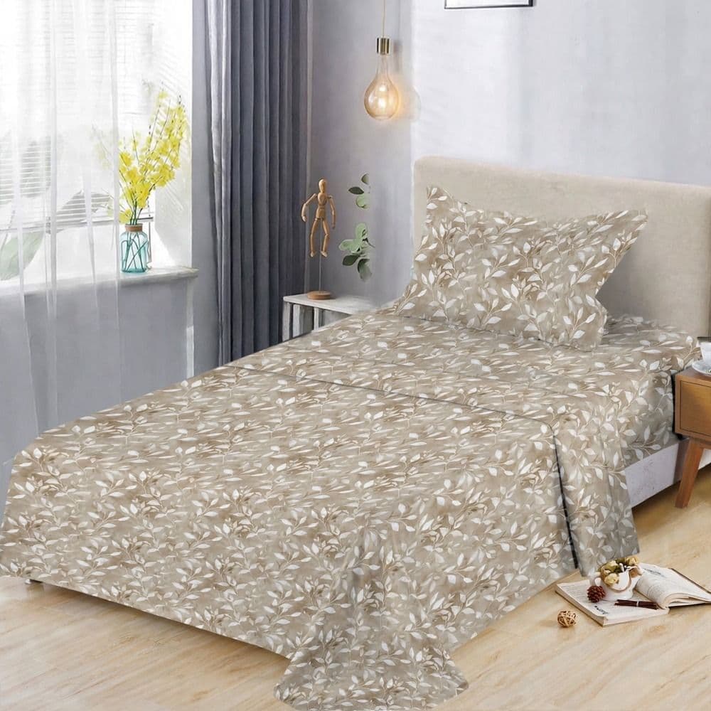 Çarçaf tek set, poliestër, kafe (me dizenjo me gjethe), 160x230 cm; 90x200+30 cm (me llastik); 50x70 cm