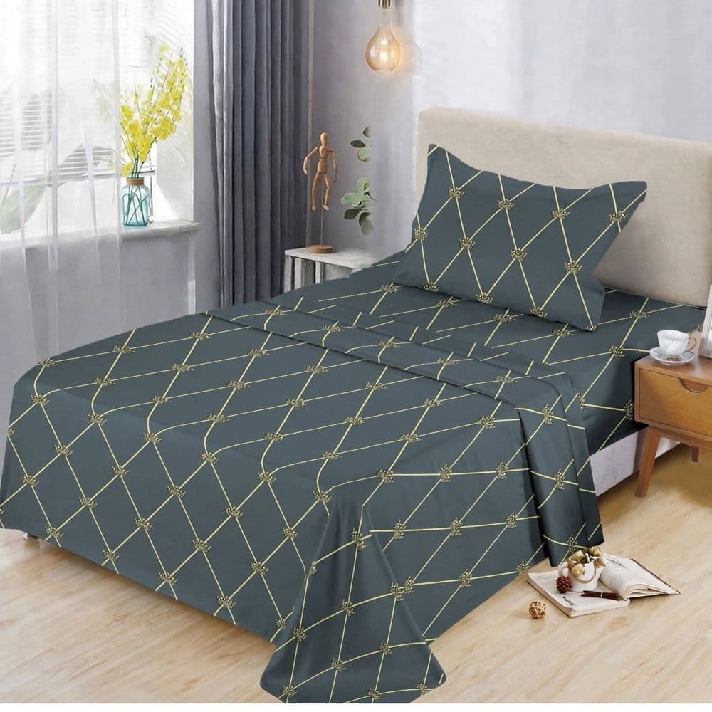 Çarçaf tek set, poliestër, e zezë (me dizenjo të verdhë), 160x230 cm; 90x200+30 cm (me llastik); 50x70 cm