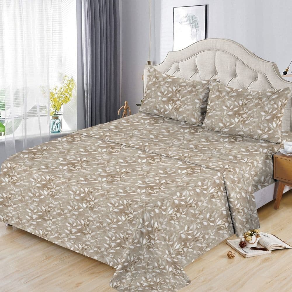 Çarçaf dopjo set, poliestër, kafe (me dizenjo me gjethe të bardha), 230x260 cm; 160x200+30 (me llastik); 50x75 cm