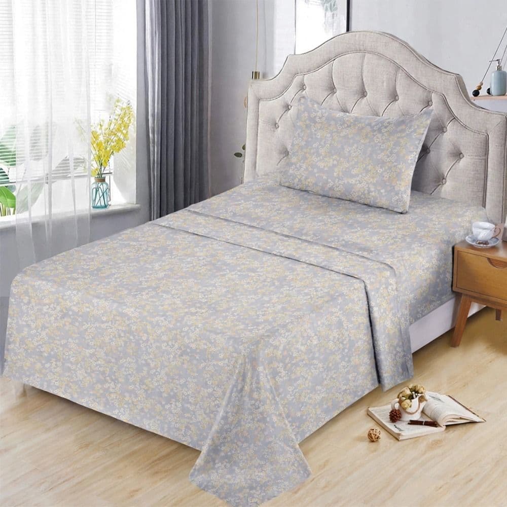Çarçaf tek, set, 100% pambuk, gri e hapur (dizenjo me lule), 160x240 cm; 90x200+30 cm (me llastëk); 50x75 cm