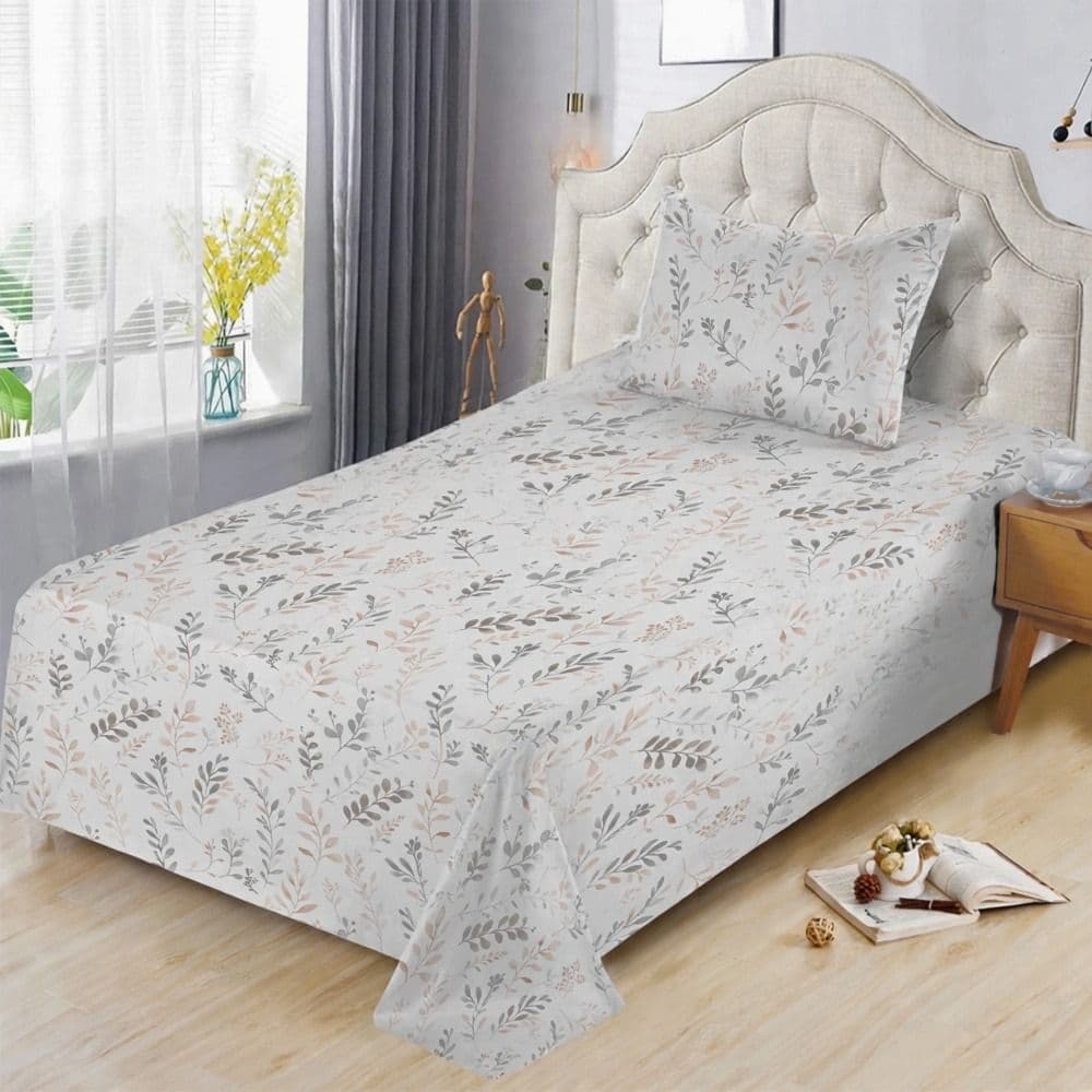Çarçaf tek, set, 100% pambuk, e bardhë (dizenjo me gjethe), 160x240 cm; 90x200+30 cm (me llastëk); 50x75 cm