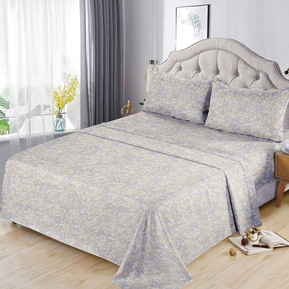Çarçaf dopjo set, 100% pambuk, gri e hapur (dizanj me lule), 240x260 cm; 50x75 cm (x2)