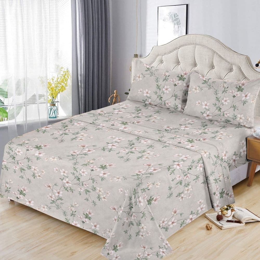 Çarçaf dopjo set, 100% pambuk, rozë e lehtë (dizenjo me lule), 240x260 cm; 50x75 cm (x2)