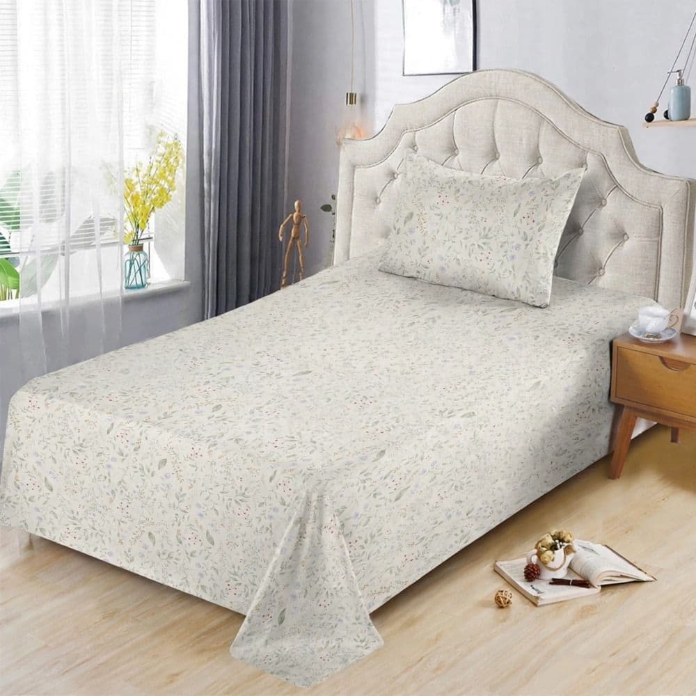 Çarçaf tek set, poliestër, e bardhë (dizenjo me lule), 160x240 cm; 90x200+30 cm (me llastëk); 50x75 cm