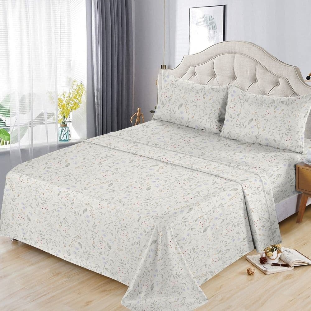 Çarçaf dopjo set, poliestër, e bardhë (dizenjo me lule), 240x260 cm; 160x200 (me llastëk): 50x75 cm (x2)