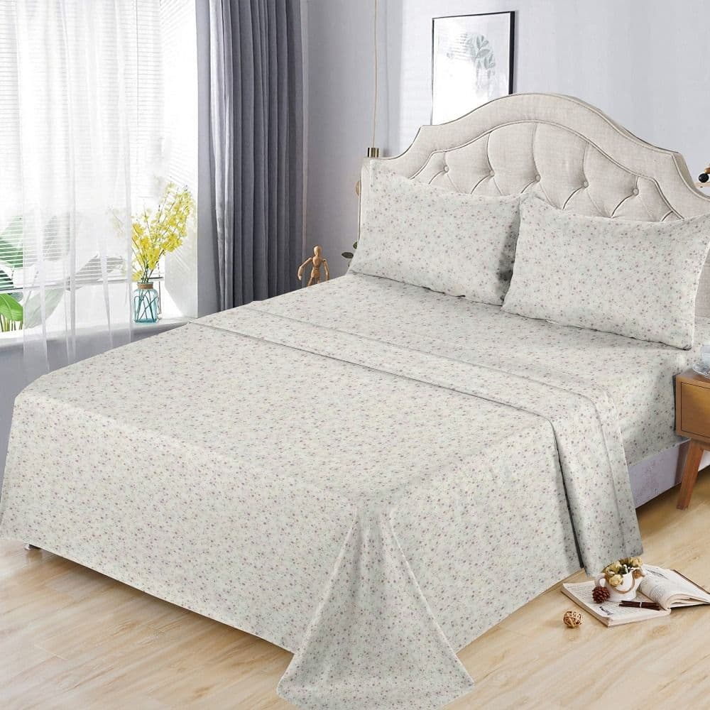 Çarçaf dopjo set, poliestër, e bardhë (dizenjo me lule), 240x260 cm; 160x200 (me llastëk): 50x75 cm (x2)