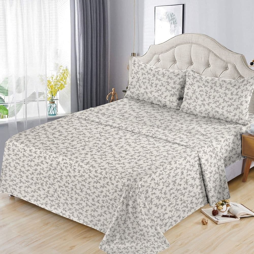 Çarçaf dopjo set, poliestër, e bardhë (dizenjo me lule), 240x260 cm; 160x200 (me llastëk): 50x75 cm (x2)