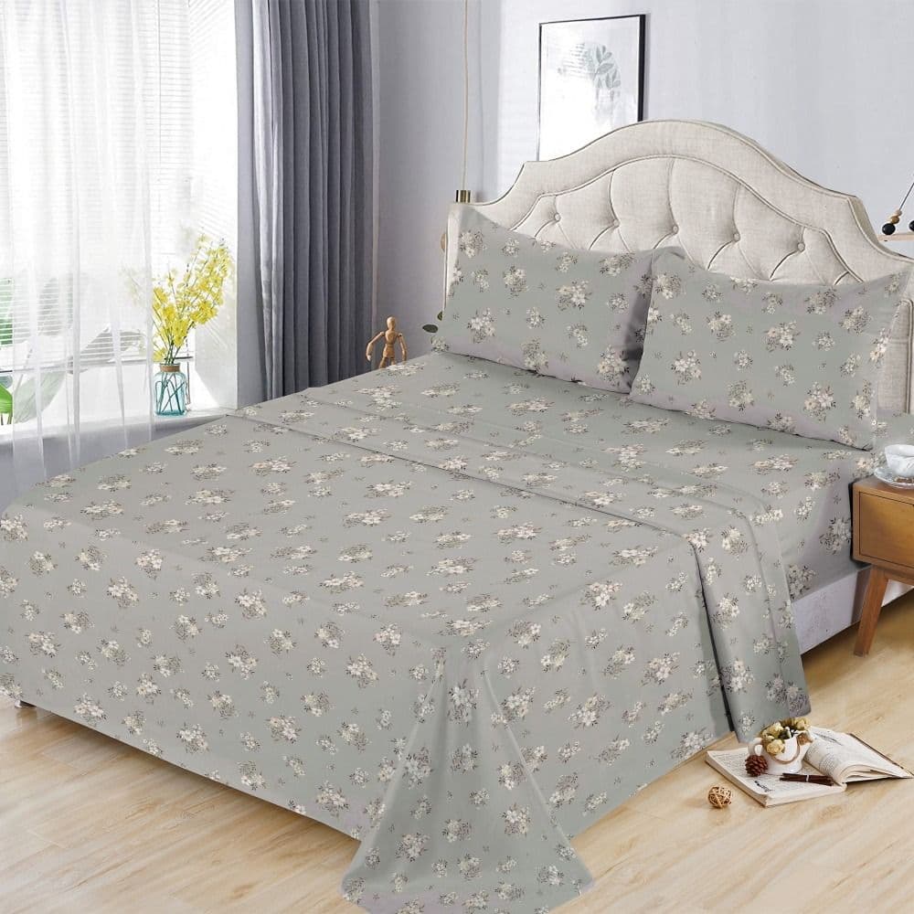 Çarçaf dopjo set, poliestër, gri (dizenjo me lule), 240x260 cm; 160x200 (me llastëk): 50x75 cm (x2)