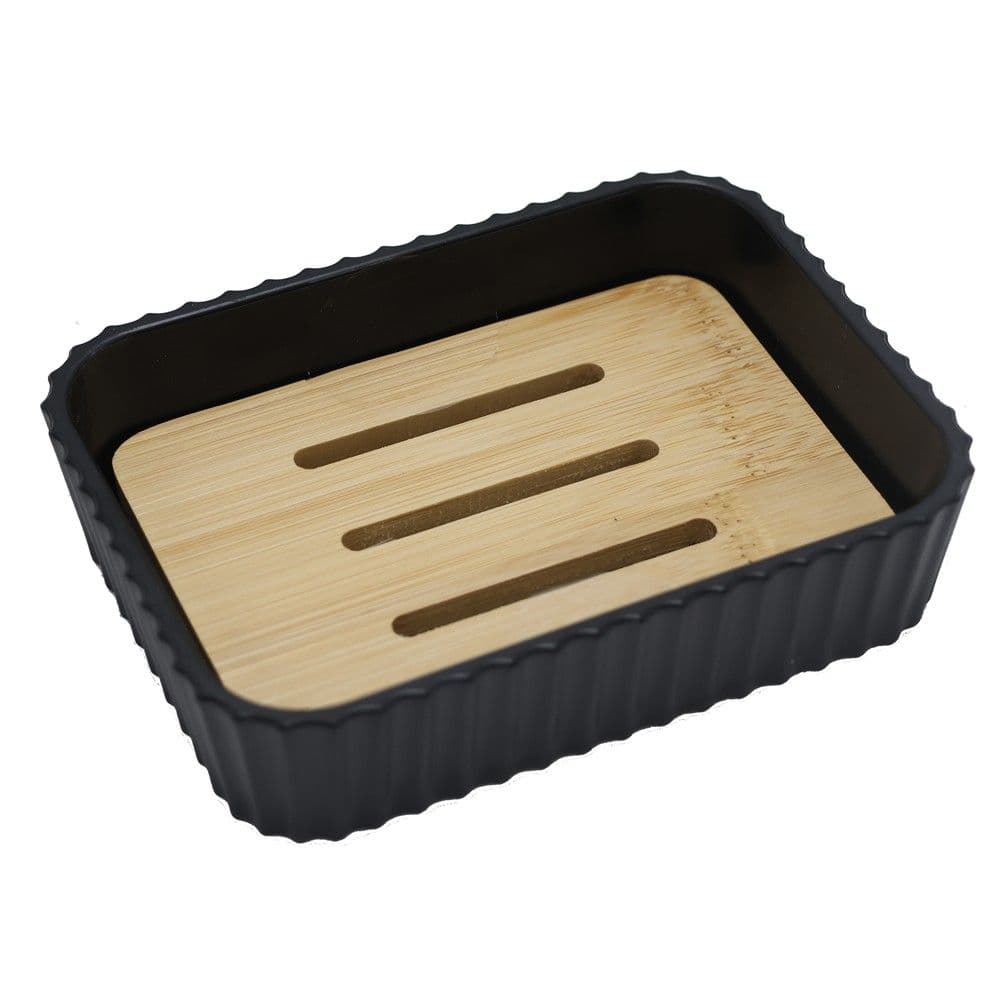 Mbajtëse sapuni, plastik/bambu, e gri, 12x8.5xH3cm