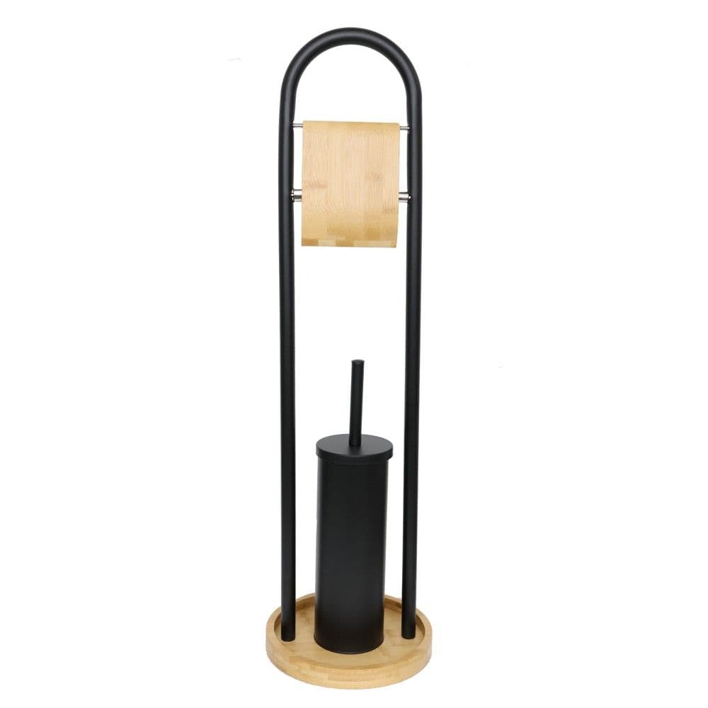 Furçë tualeti dhe mbajtëse letre higjenike, metal/bambu, black, 22xH80cm