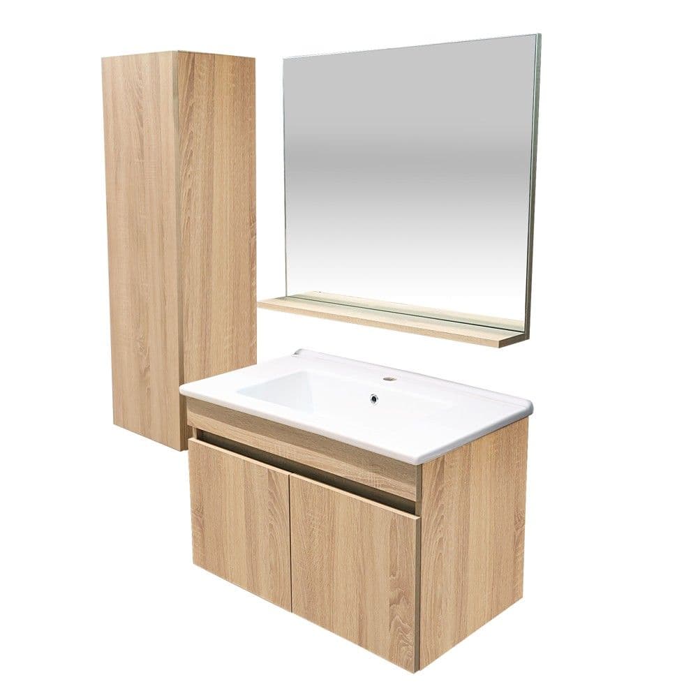 Set mobilje tualeti, Leaf, montim në mur, me hapje, Mdf, LED, kafe e errët, 80 cm