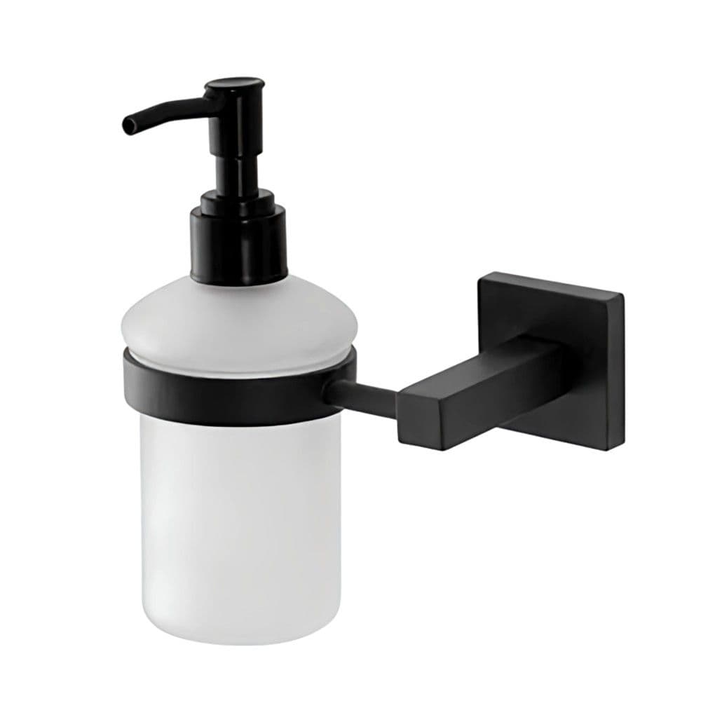 Dispenser sapuni ''Black Rock'' në material inoks ngjyrë e zezë. Përmasat, H : 15 cm, D : 6.5 cm.