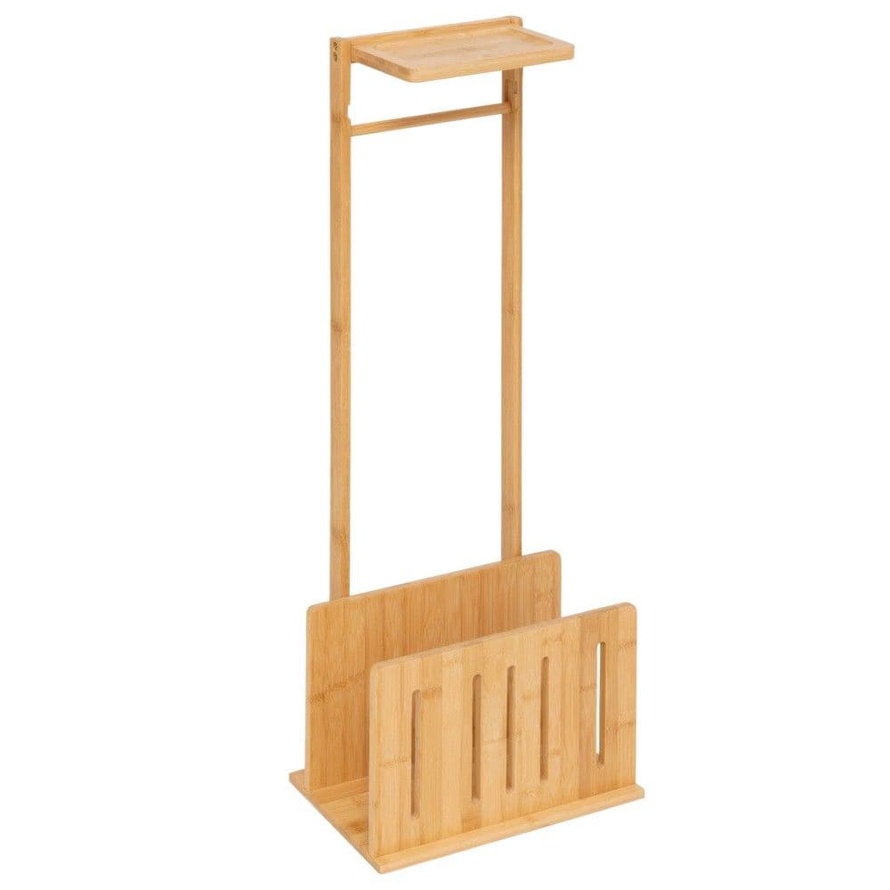 Mbajtëse letre higjenike me rezervë në material bambu ngjyrë dru natyral. Përmasat, H : 82 cm, W : 31 cm, P : 21 cm.