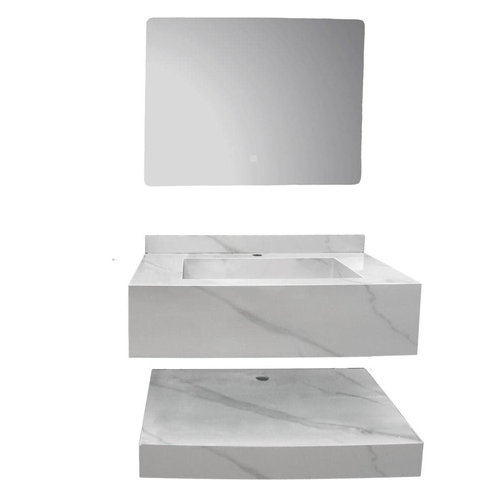 Set mobilje tualeti, me montim në mur, gur i sintetizuar, Përmasat: W 80 cm x D 50 cm x H 20 cm. Pasqyra LED: W 80 cm x H 60 cm