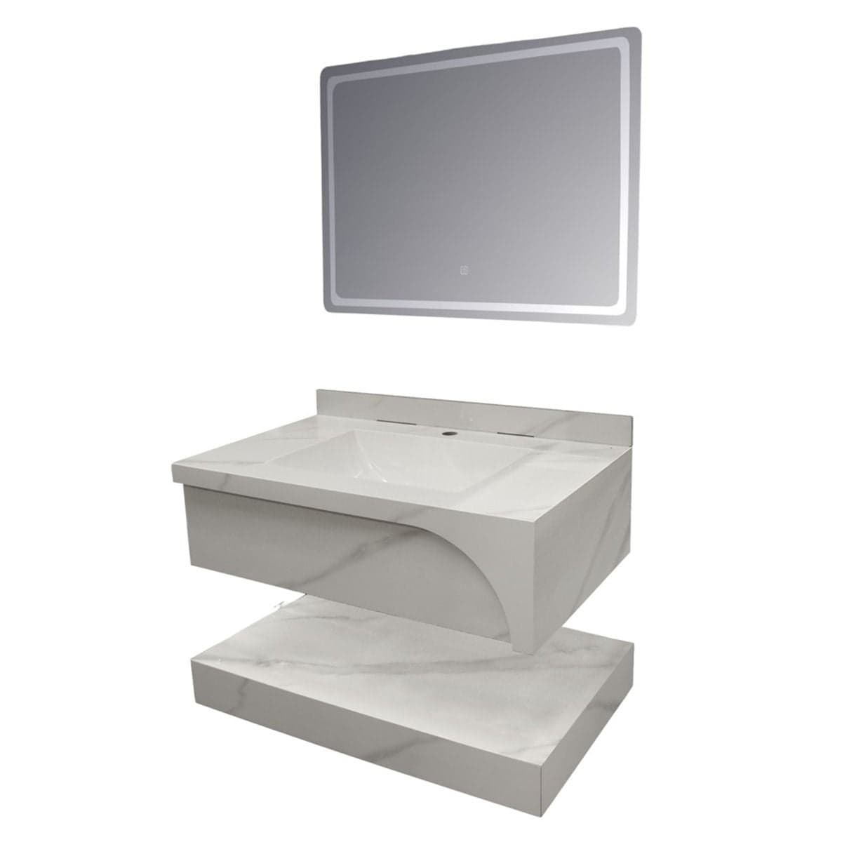 Set mobilje tualeti, me montim në mur, gur i sintetizuar, Përmasat: W 80 cm x D 50 cm x H 23 cm. Pasqyra LED: W 80 cm x H 60 cm