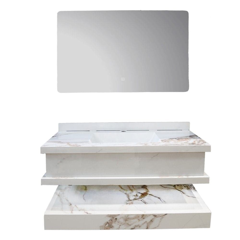 Set mobilje tualeti, me montim në mur, gur i sintetizuar, Përmasat: W 100 cm x D 50 cm x H 23 cm. Pasqyra LED: W 100 cm x H 60 cm