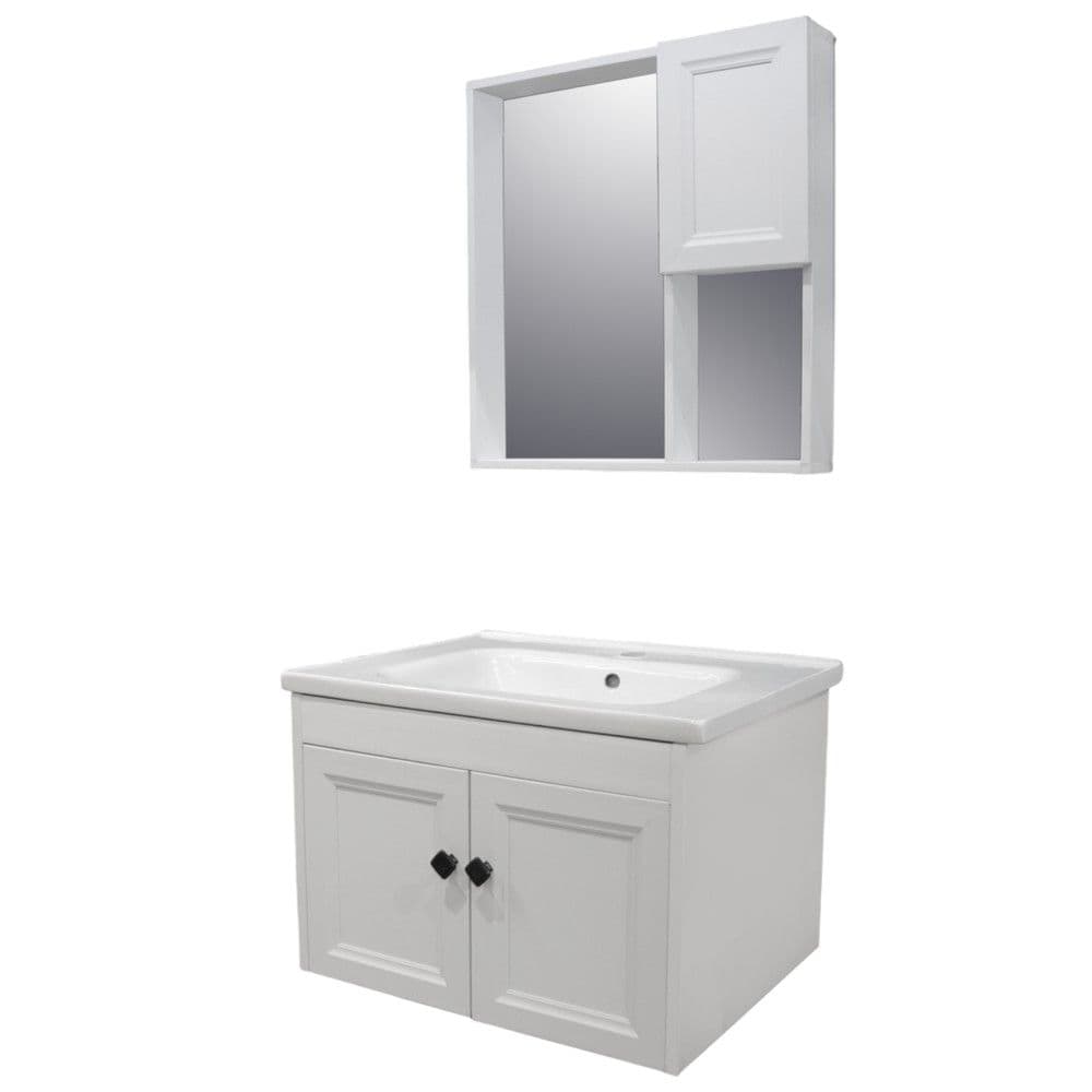 Set mobilje tualeti, me montim në mur, fibër karboni, Përmasat: W 60 cm x D 46 cm x H 40 cm. Pasqyra: W 55 cm x D 11 cm x H 60 cm