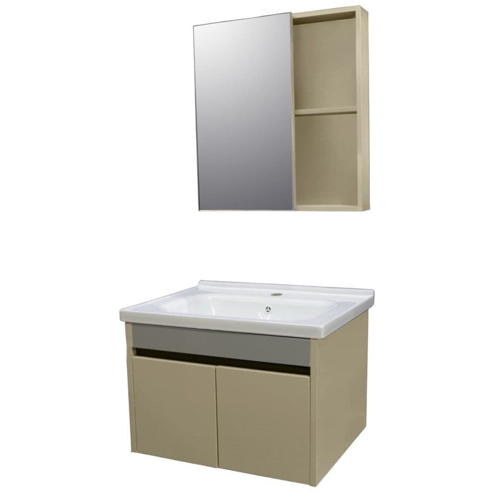 Set mobilje tualeti, me montim në mur, PVC , Përmasat: W 60 cm x D 46 cm x H 40 cm. Pasqyra: W 55 cm x D 11 cm x H 60 cm