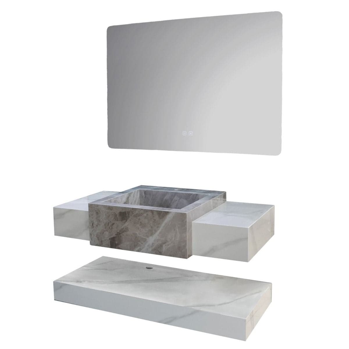 Set mobilje tualeti, me montim në mur, gur i sintetizuar, Përmasat: W 100 cm x D 50 cm x H 15 cm. Pasqyra LED: W 100 cm x H 70 cm