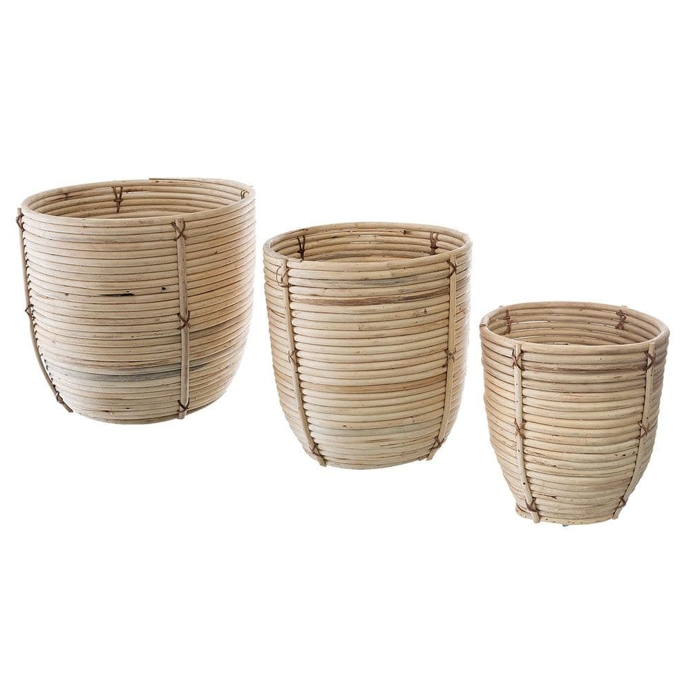 Vazo lulesh, set 3 copë, ratan/metal, bezhë, Ø23.7 xH27 cm; Ø31.1 xH31.2 cm; Ø34.5 xH33.7 cm
