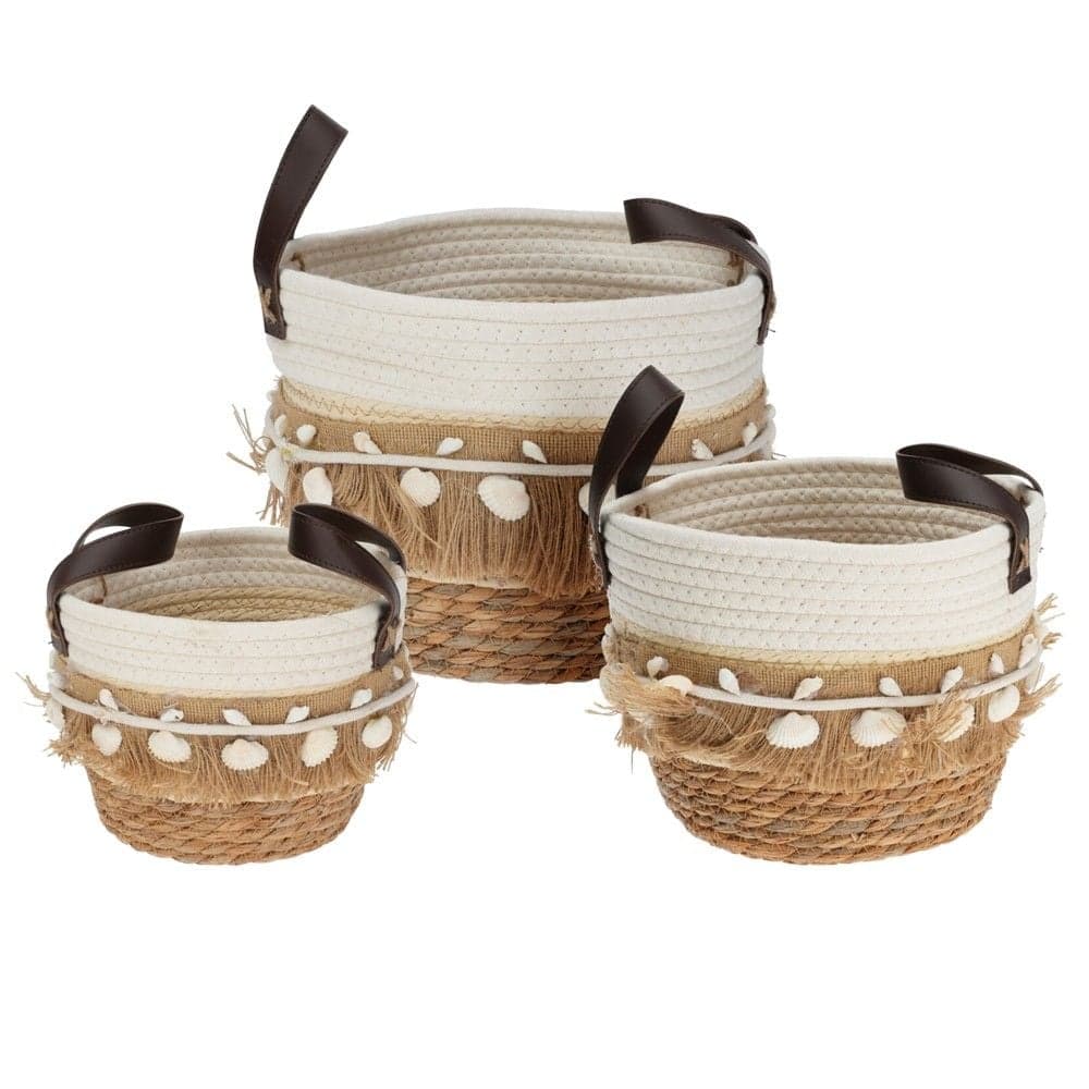 Shportë, set 3 copë, me doreza, ratani, natyrale/e bardhë/e zezë, 19x19xH21cm; 24x24xH25 cm; 29x29xH28 cm