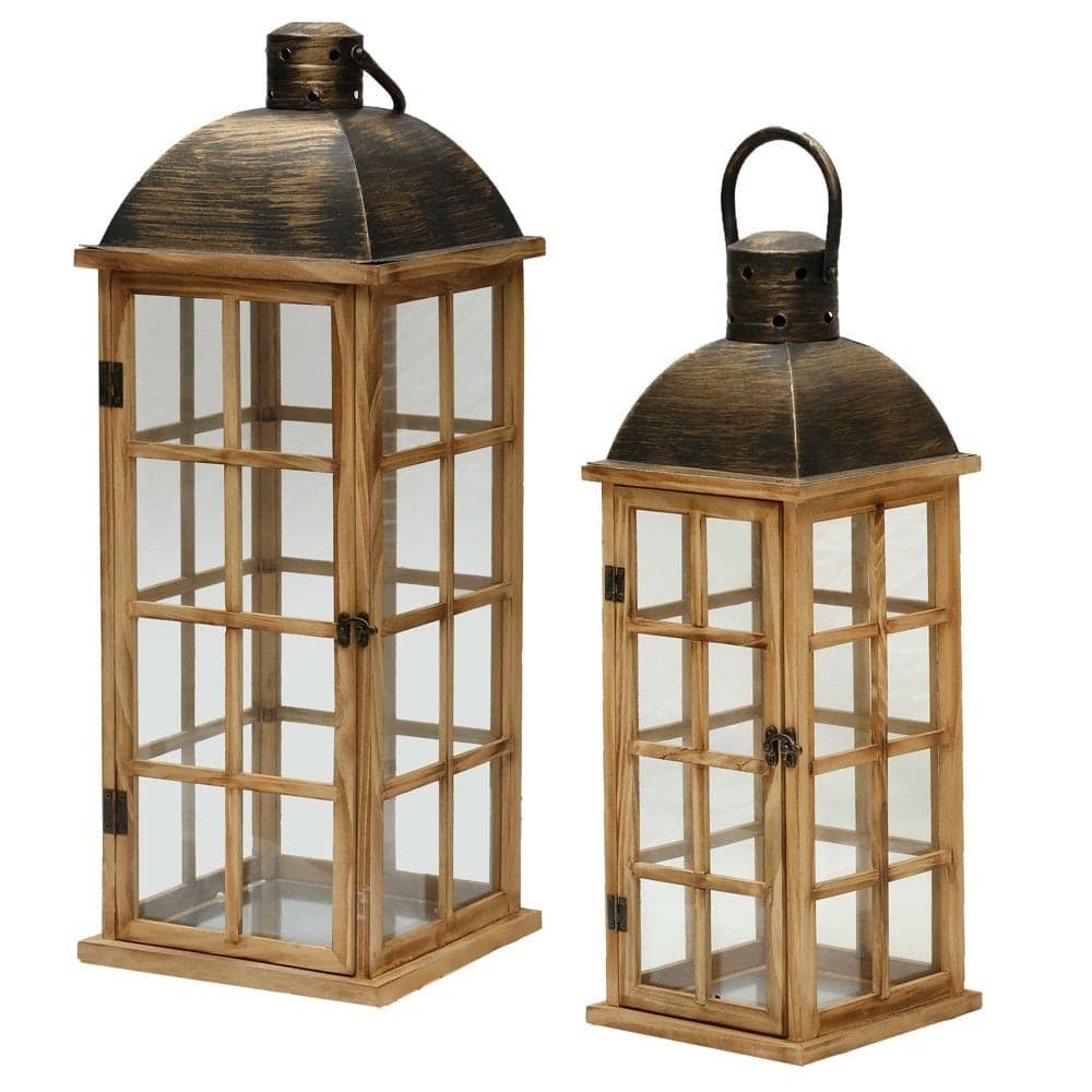 Fener dekorues set, 2 copë, metal/xham, kafe e errët, 14xH52 cm, 26xH73 cm