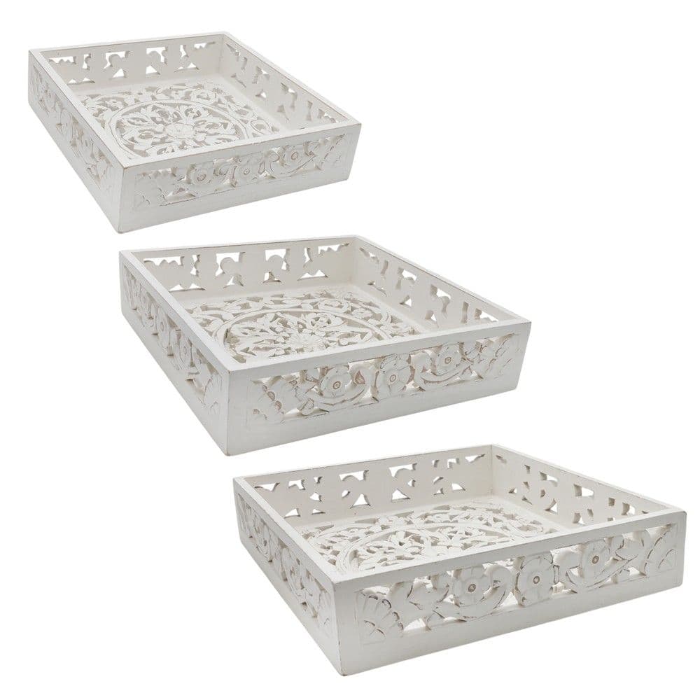 Tabaka dekorative set, druri, e bardhë, S-29x29x7; M-34X34xH7.5 cm; L-38x38xH8 cm