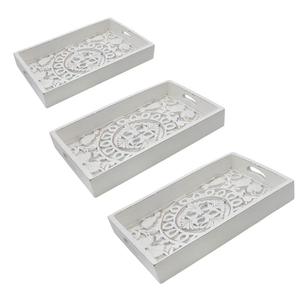 Tabaka dekorative set, druri, e bardhë, S-46x30.5xH6cm; M-53x38xH7 cm; L-60x46xH7.5 cm,