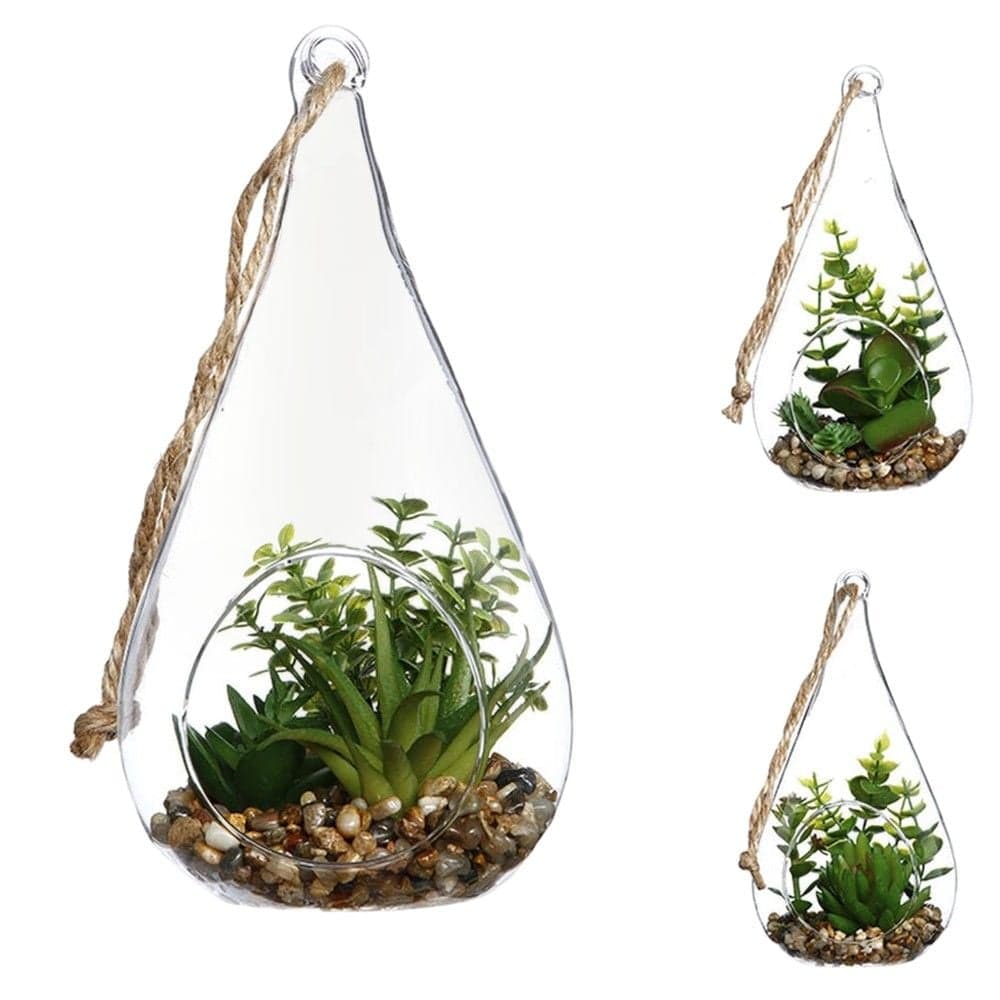 Bimë artificiale, në vazo xhami, polietilen, jeshile/transparente, Ø10xH19.5 cm