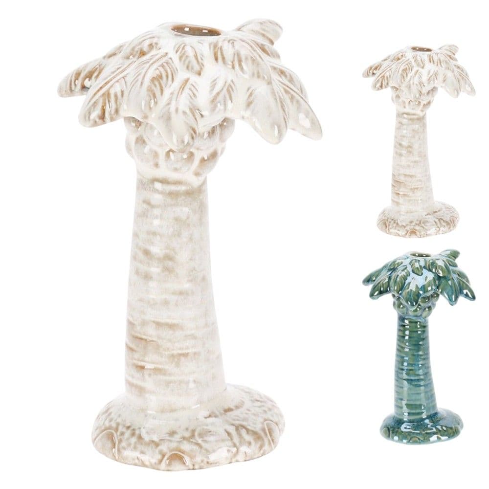 Mbajtëse qiriri, porcelan, e bardhë, jeshile, pemë palme, H20 x W13 x D12 cm