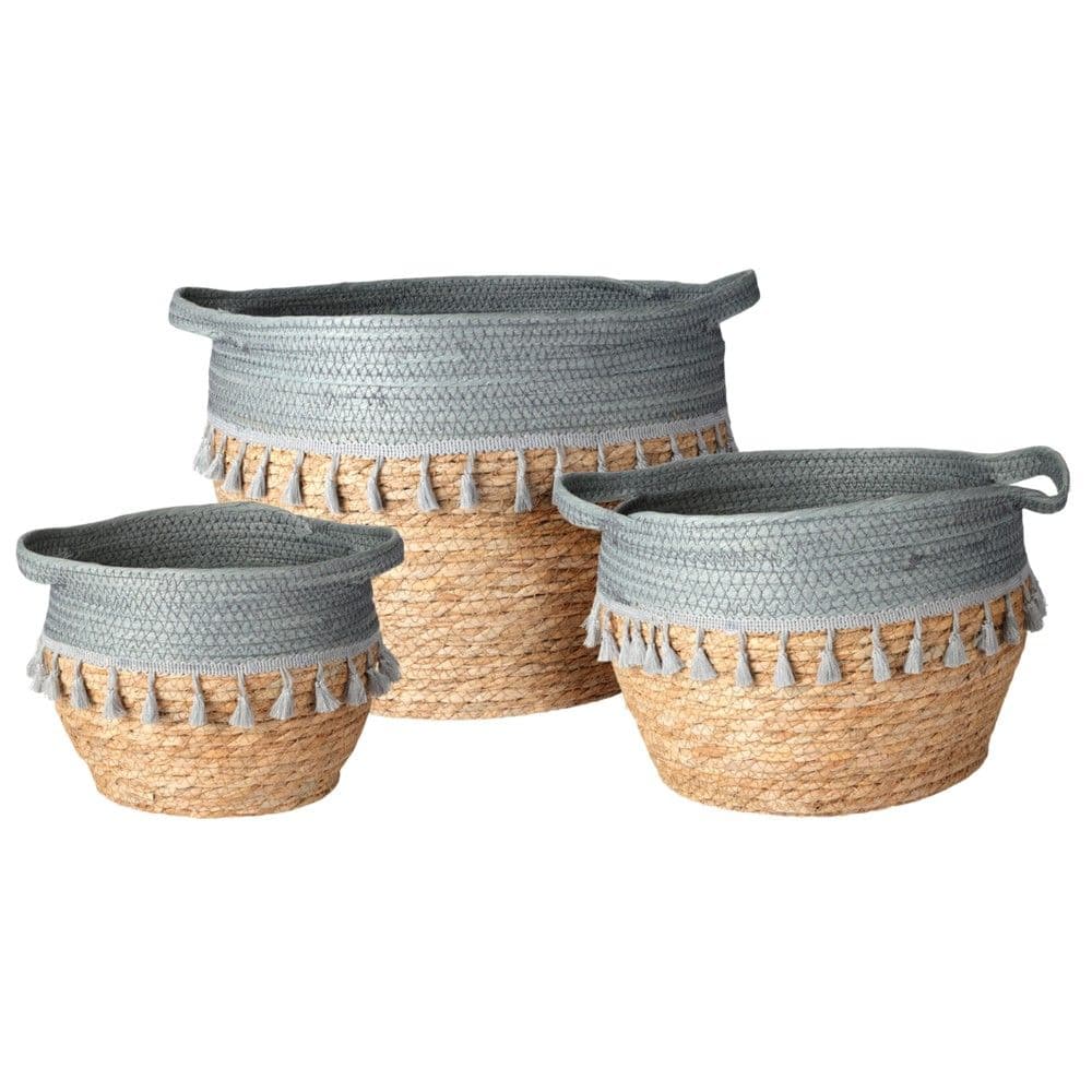 Kosh dekorues, set 3-copë, ratan, natyrale/blu, S:Dia18xH27 cm, M:Dia.22xH28 cm, L:Dia.24.5xH36 cm