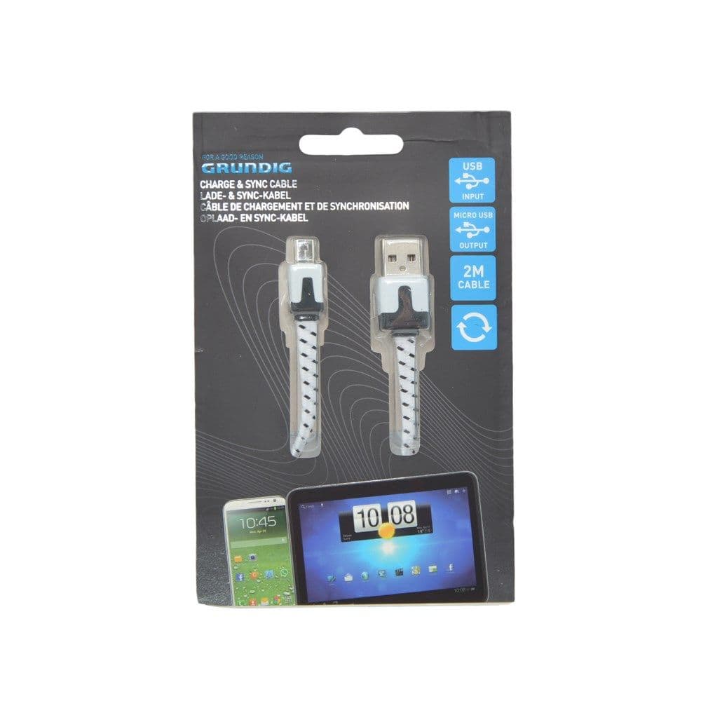 Kabëll karikimi mikro USB për android GRUNDING, 2 m, najlon, (i bardhë- i zi)