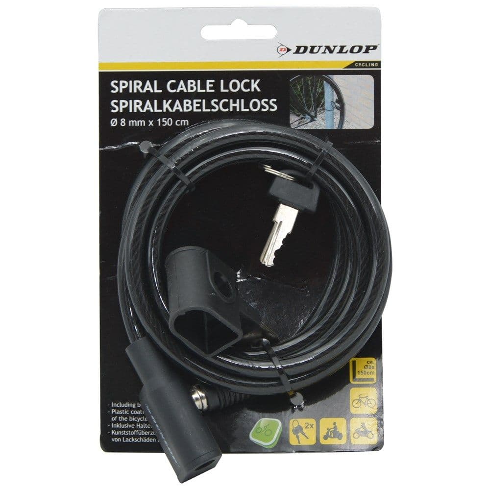 Kavo lidhëse spirale për biçikletë me çelës DUNLOP, 150 cm, 8 mm, (e zezë)