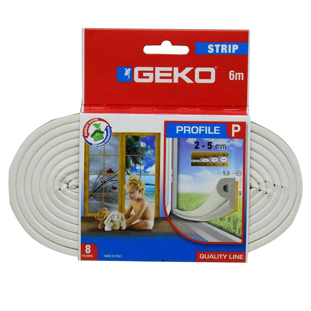 Izolues për kornizat e dritareve dhe dyerve, Geko, Strip, Profil P, 9 x 4 mm x 6 m, i bardhë
