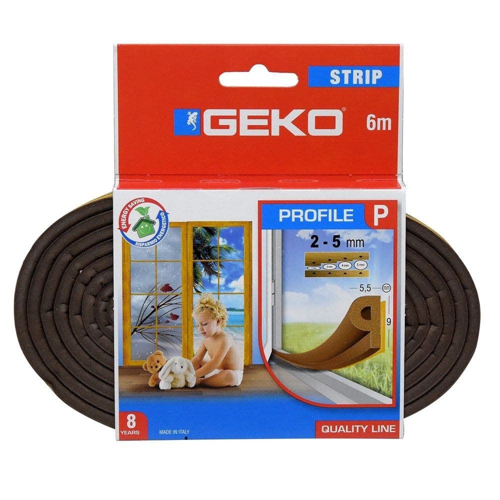 Izolues për kornizat e dritareve dhe dyerve, Geko, Strip, Profil P, 9 x 4 mm x 6 m, kafe
