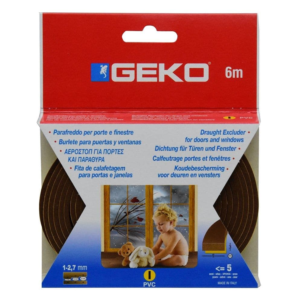 Izolues për kornizat e dritareve dhe dyerve, Geko, Flex, Profil I, 9 x 3 mm x 6 m, kafe
