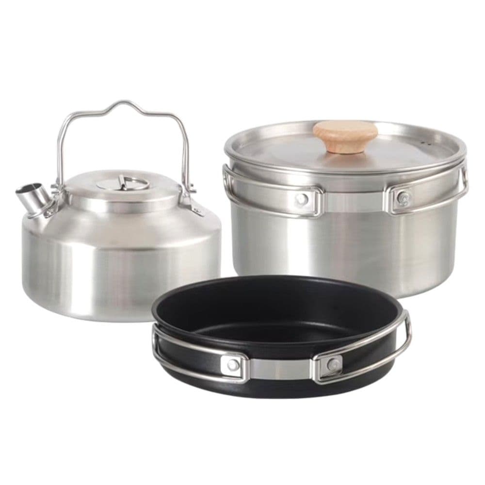 Set gatimi për kamping, çelik inoksi 304, përmban tigan, çajnik dhe tenxhere
