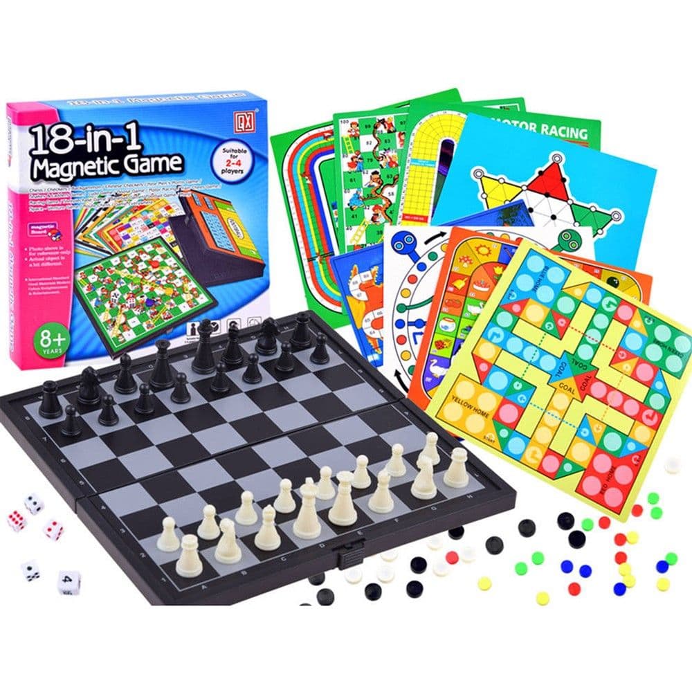 Loje argetuese 18 ne 1, Shah, Tavell, Dame, Ludo, Mos u nxeh, Shah Hekzagonal, Loja Morris, Goose, Motor dhe Train Chess