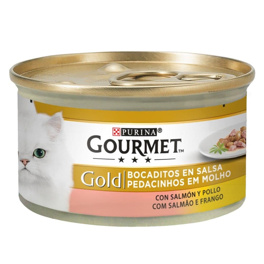 Ushqim per mace, Gourmet, Gold, 85 g, Salmon dhe pule, I koservuar