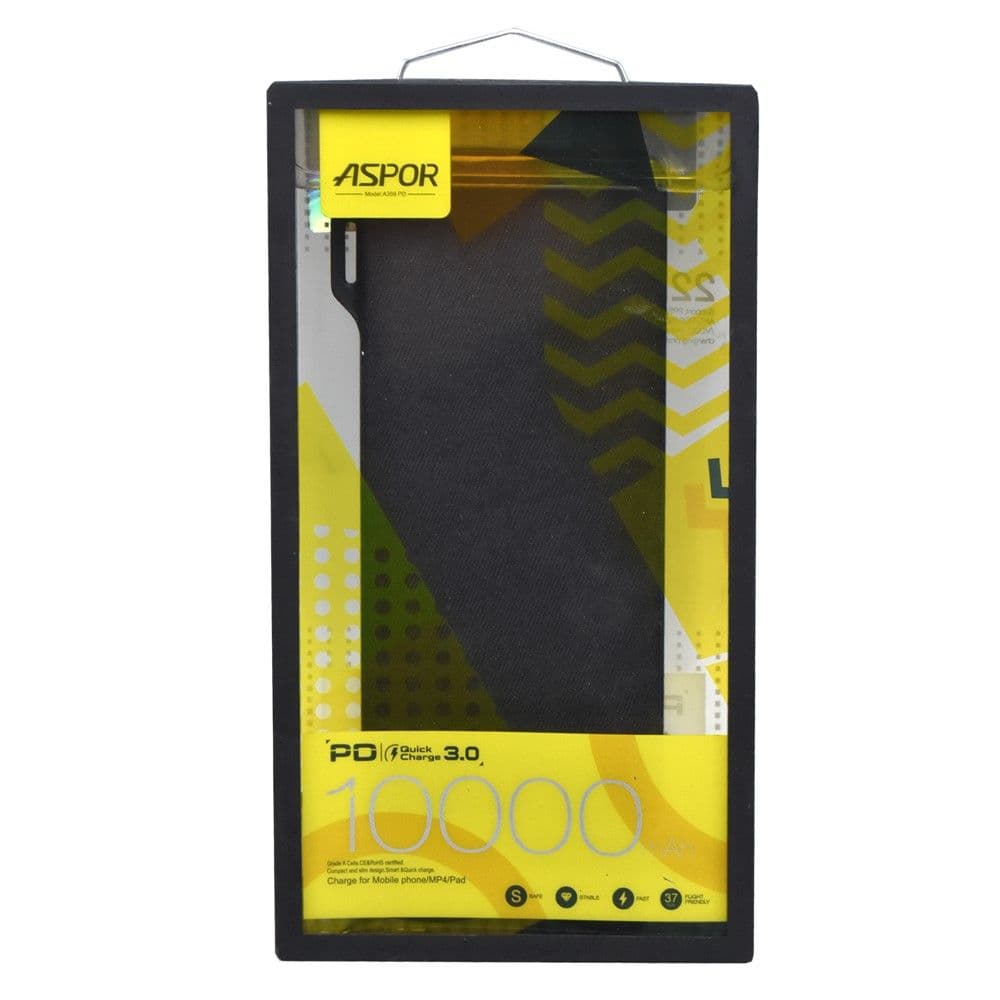 Powerbank, Aspor, 10000 mAh, 22.5 W, 2 porta USB dhe Type-C, ngjyrë e zezë