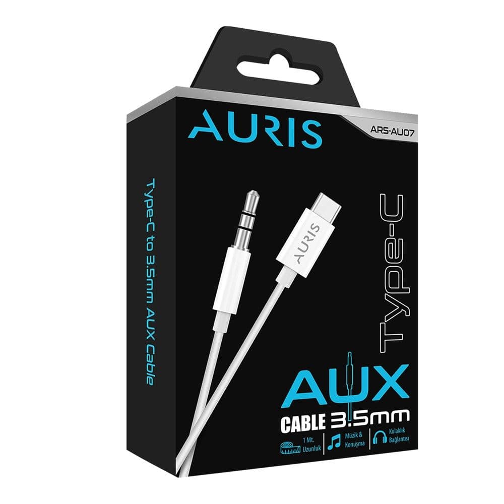 Fishë AUX, Auris, AU07, AUX-Type-C, 3.5 mm, 100 cm, ngjyrë e bardhë