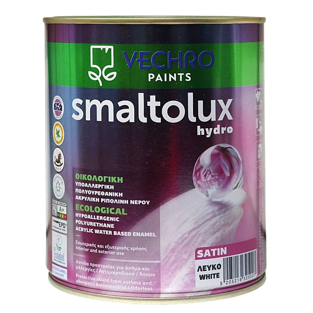 Boje ekologjike, Vechro, Smaltolux, per cdo siperfaqe, 0.75L, e bardhe, 11-13 m²/lt, hollimi 10% uje, 2-3 ore tharje