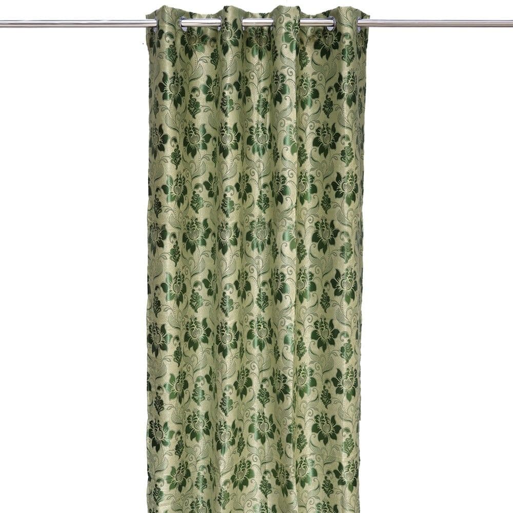 Perde e plotë me unaza, 100% poliestër, jacquard, jeshile me dizenjo lulesh, 140x260 cm