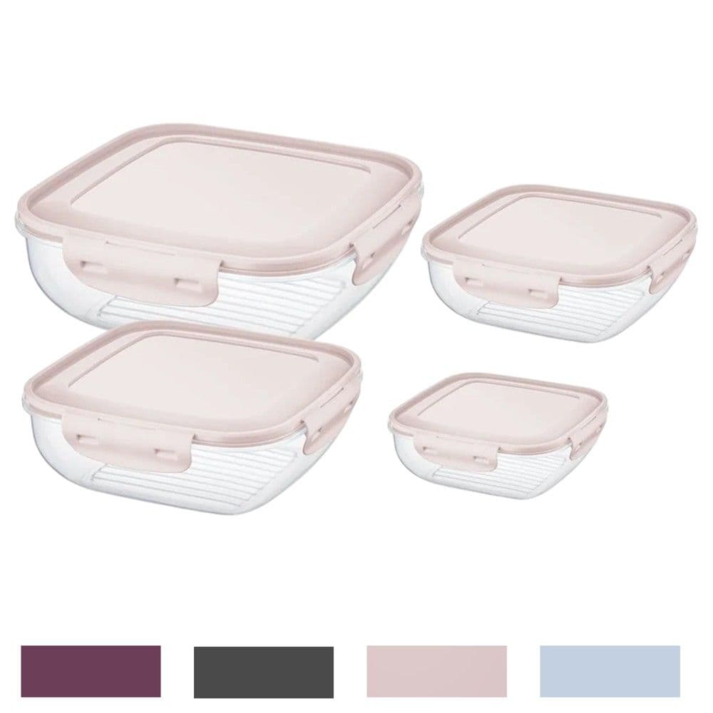 Set me enë ushqimi me kapak Cook&Lock (4 copë), PP/Silikon, transparente/ngjyra të ndryshme, 350 / 650 / 1100 / 1800 ml / 19.5x19.5x7 cm