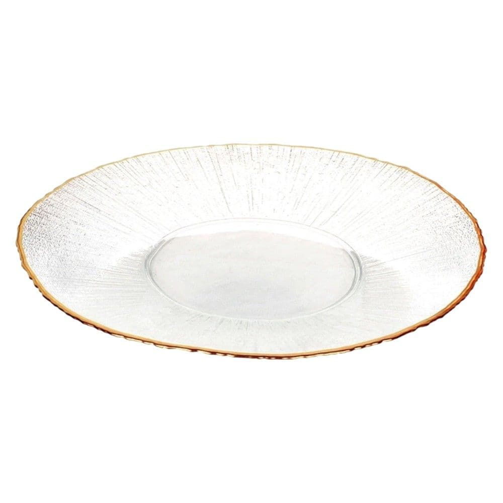 Pjatë servirje, qelqi, transparente me konturnë floriri, Dia. 28 x H 2.5 cm