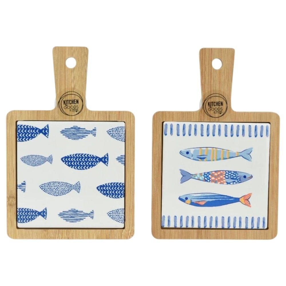 Dërrasë prerëse me dorezë Sea, porcelan/bambu, blu/natyrale, 18x12x1 cm