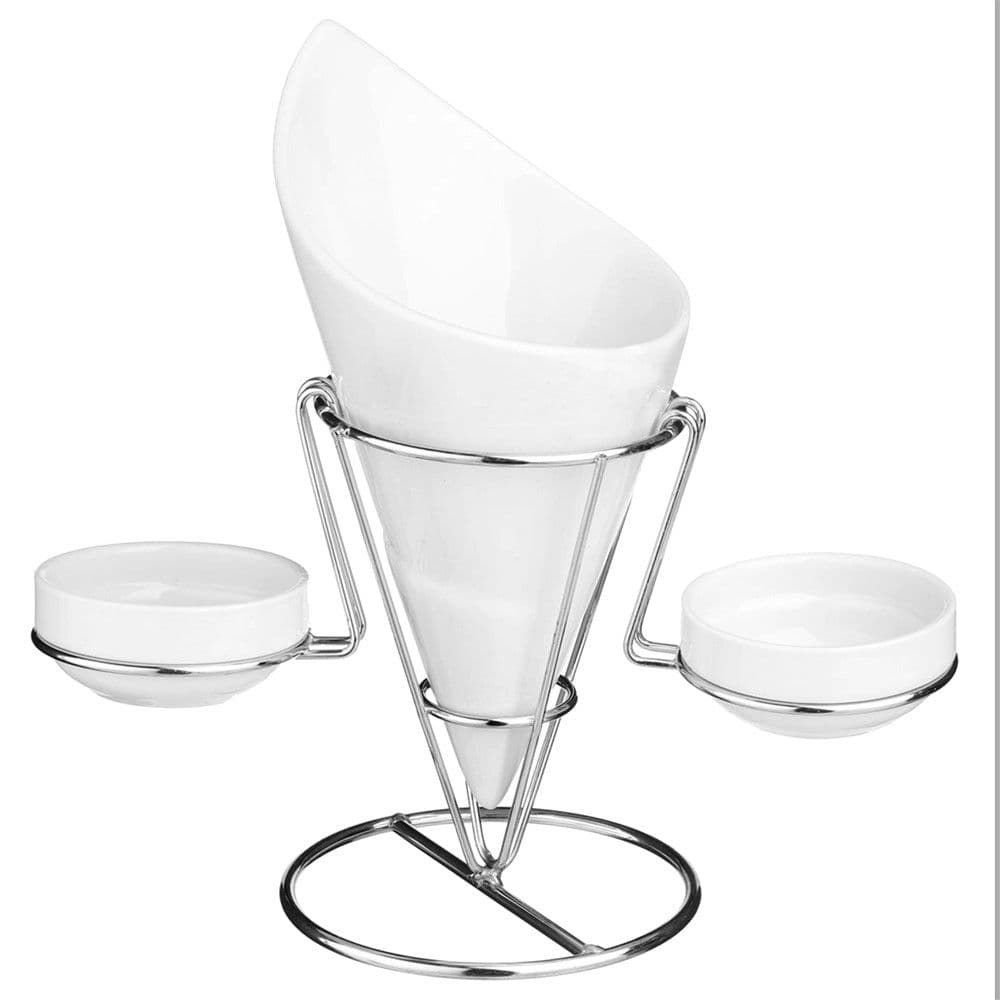Mbajtëse patatesh dhe tasa salce, qeramike+metalike, e bardhë, mbajtësja: H22.5 cm; tasi: ø7.5 x3 cm