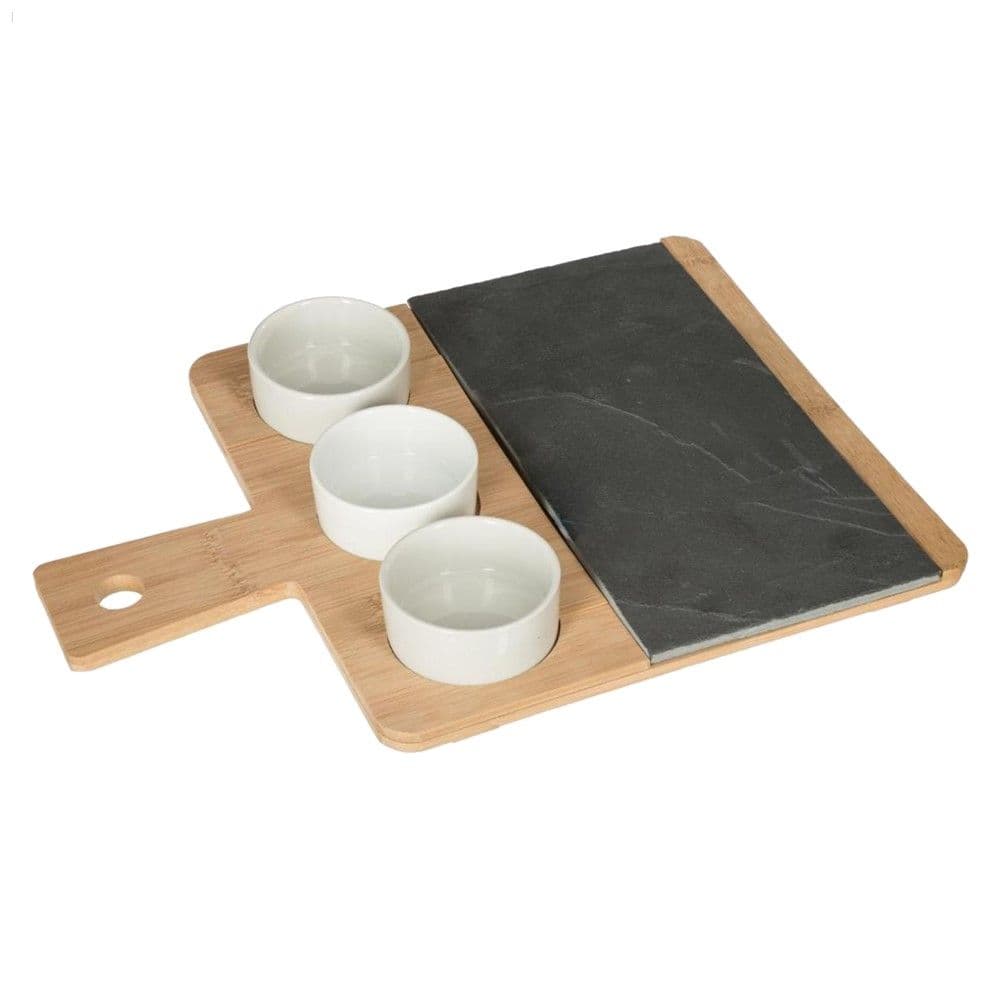 Tabaka servirje me 3 tasa, bambu+qeramike, zezë/e bardhë/natyrale, 36x26.5 cm, Bowl: Ø7 cm