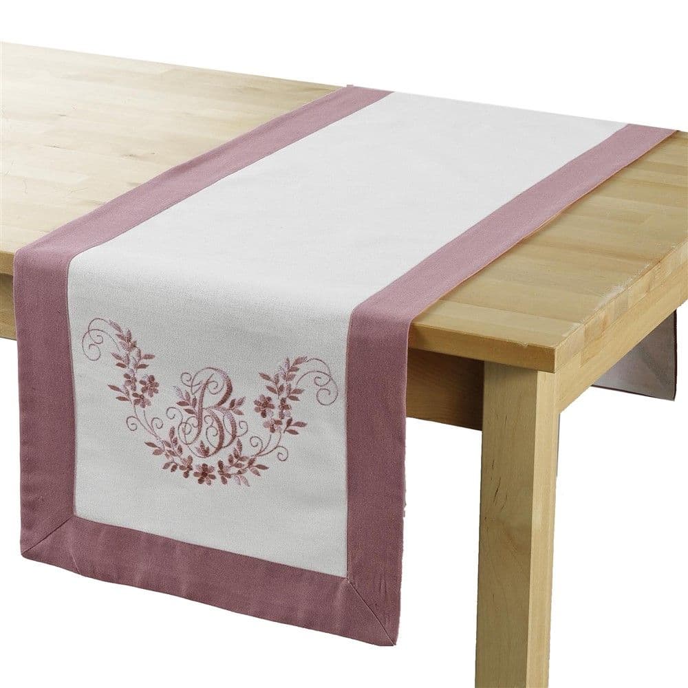 Mbulesë tavoline me qëndisje BONHEUR, 60 % poliestër / 30 % pambuk, e bardhë / rozë, 40 x 140 cm